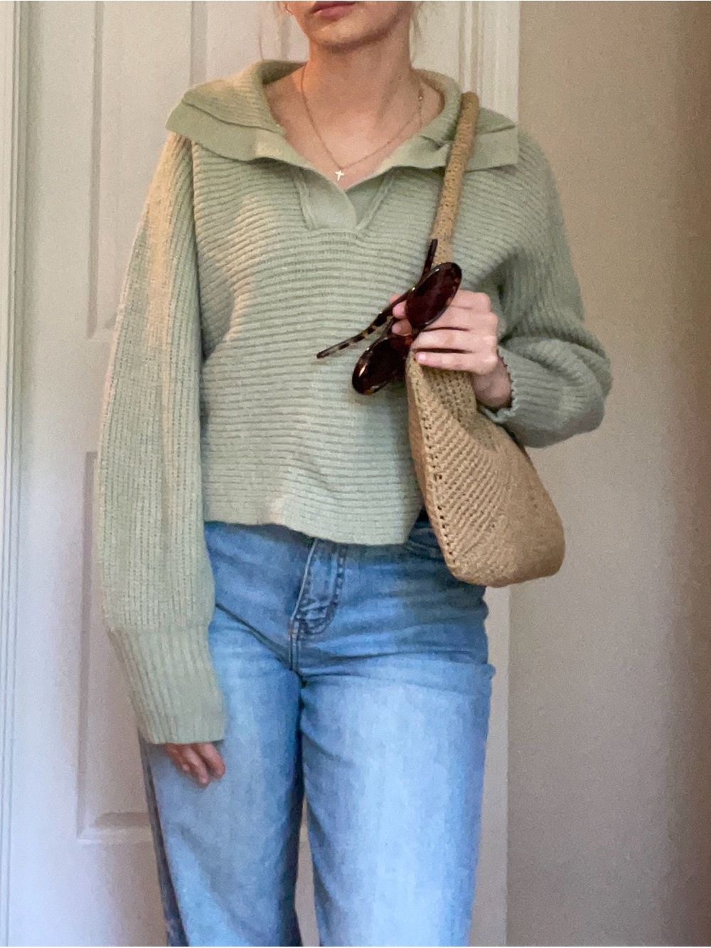 Cropped Sage Green Knit Collar Sweater